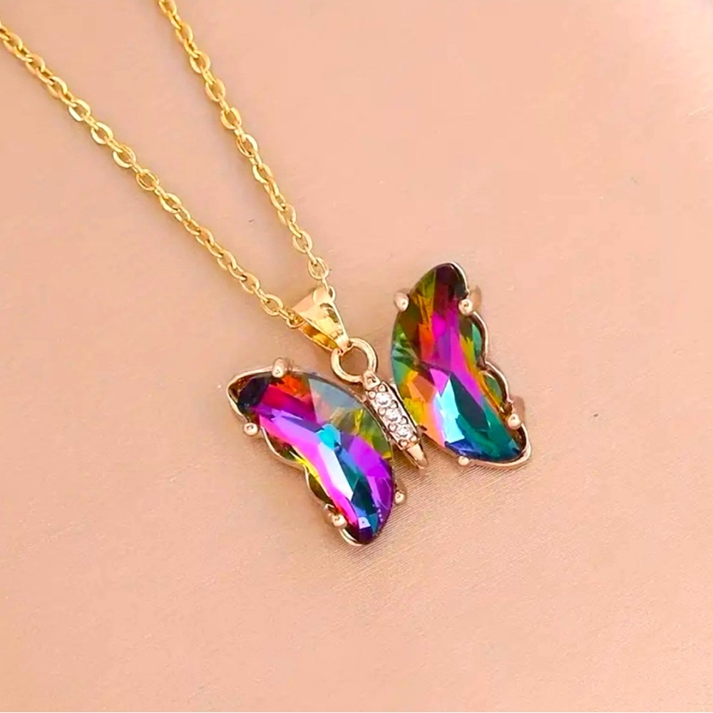 Gold Butterfly Pendant Necklace with Multicolor Crystals